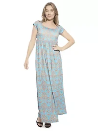 Womens Abstract Square Neck Cap Sleeve Pleated A Line Maxi Dress