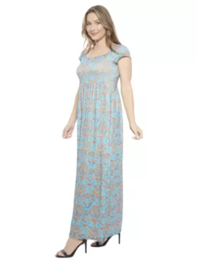 Womens Abstract Square Neck Cap Sleeve Pleated A Line Maxi Dress