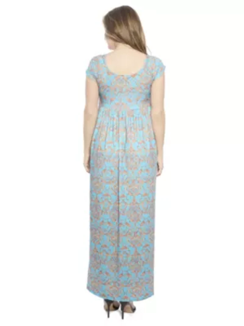 Womens Abstract Square Neck Cap Sleeve Pleated A Line Maxi Dress