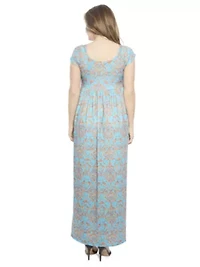 Womens Abstract Square Neck Cap Sleeve Pleated A Line Maxi Dress