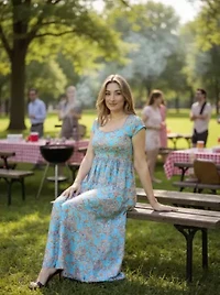 Womens Abstract Square Neck Cap Sleeve Pleated A Line Maxi Dress