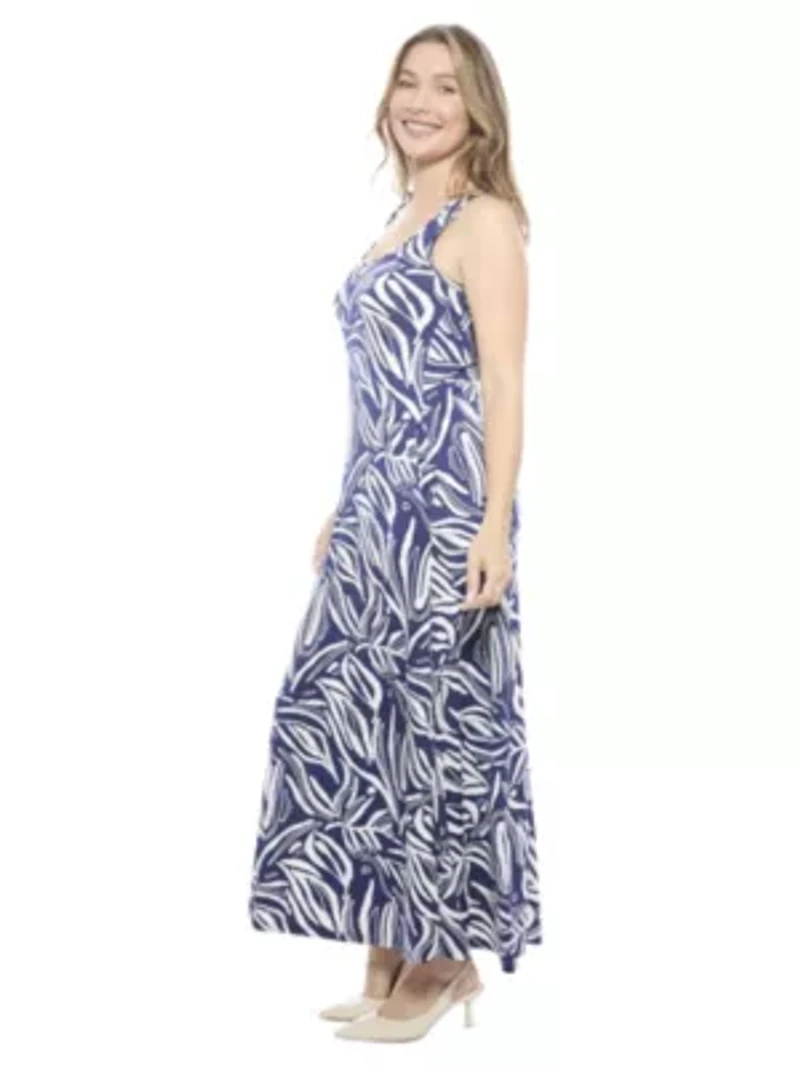 Womens Abstract Sleeveless Scoop Neck A Line Pocket Maxi Dress