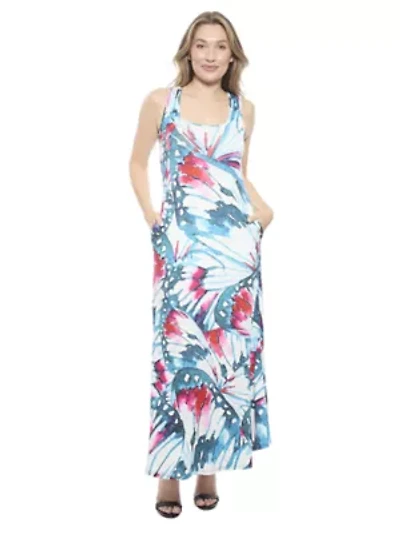 Womens Butterfly Sleeveless Scoop Neck A Line Pocket Maxi Dress