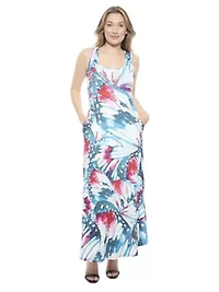 Womens Butterfly Sleeveless Scoop Neck A Line Pocket Maxi Dress