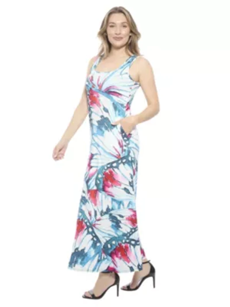Womens Butterfly Sleeveless Scoop Neck A Line Pocket Maxi Dress
