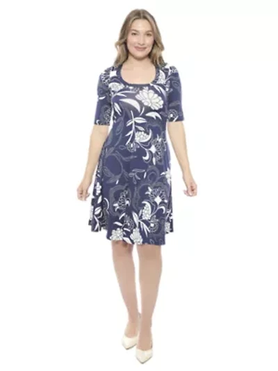 Womens Floral Scoop Neck Elbow Sleeve Knee Length A Line Flared Dress