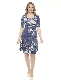 Womens Floral Scoop Neck Elbow Sleeve Knee Length A Line Flared Dress