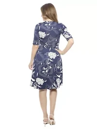Womens Floral Scoop Neck Elbow Sleeve Knee Length A Line Flared Dress