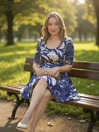 Womens Floral Scoop Neck Elbow Sleeve Knee Length A Line Flared Dress