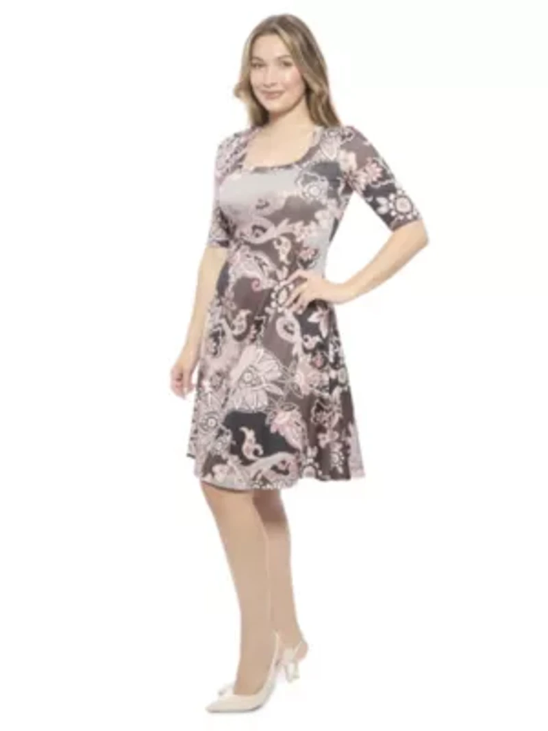 Womens Paisley Scoop Neck Elbow Sleeve Knee Length A Line Flared Dress