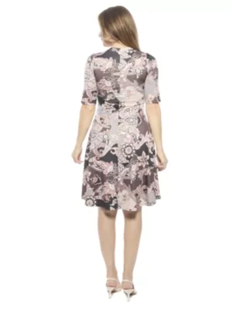 Womens Paisley Scoop Neck Elbow Sleeve Knee Length A Line Flared Dress