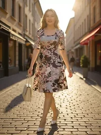 Womens Paisley Scoop Neck Elbow Sleeve Knee Length A Line Flared Dress