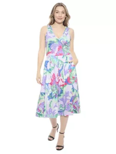 Womens Abstract V Neck Sleeveless Pleated Pocket Midi Fit N Flare Dress