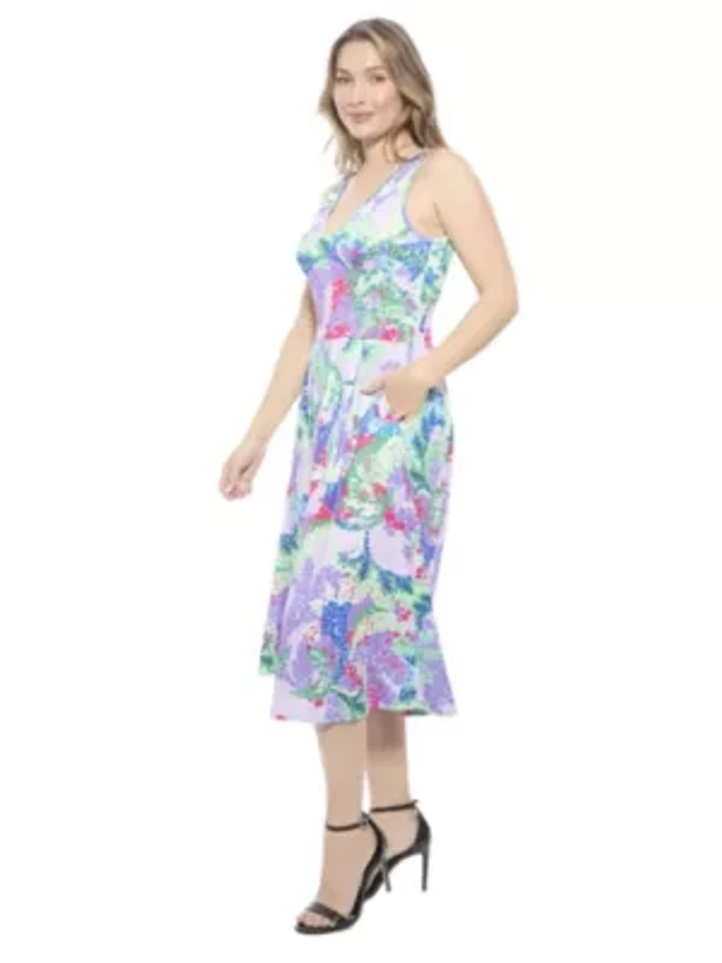 Womens Abstract V Neck Sleeveless Pleated Pocket Midi Fit N Flare Dress