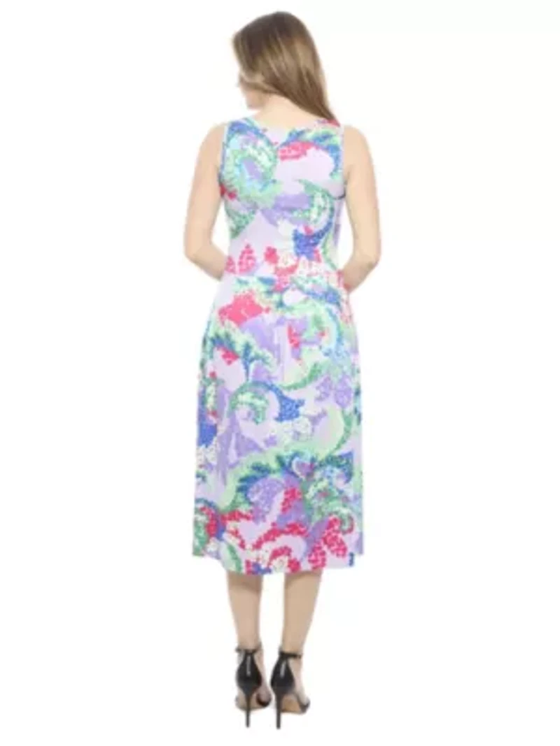 Womens Abstract V Neck Sleeveless Pleated Pocket Midi Fit N Flare Dress