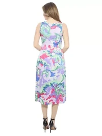 Womens Abstract V Neck Sleeveless Pleated Pocket Midi Fit N Flare Dress