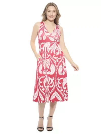 Womens Paisley V Neck Sleeveless Pleated Pocket Midi Fit N Flare Dress