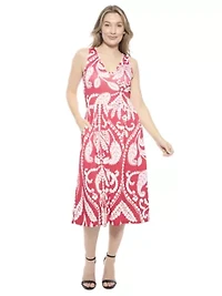 Womens Paisley V Neck Sleeveless Pleated Pocket Midi Fit N Flare Dress