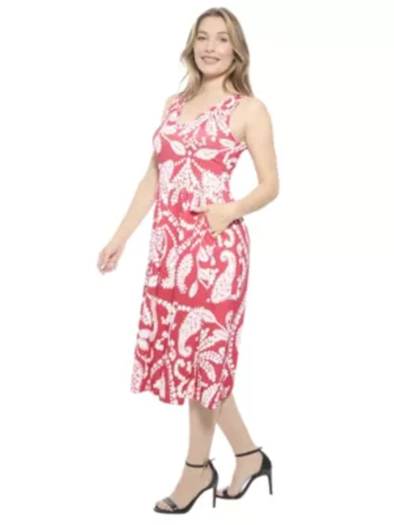 Womens Paisley V Neck Sleeveless Pleated Pocket Midi Fit N Flare Dress