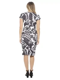 Womens Abstract V Neck Short Sleeve Knee Length Faux Wrap Dress