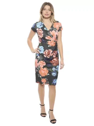 Womens Floral V Neck Short Sleeve Knee Length Faux Wrap Dress