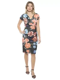Womens Floral V Neck Short Sleeve Knee Length Faux Wrap Dress