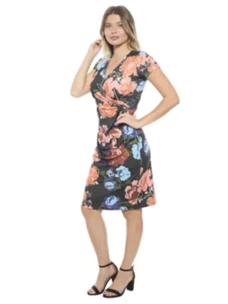 Womens Floral V Neck Short Sleeve Knee Length Faux Wrap Dress