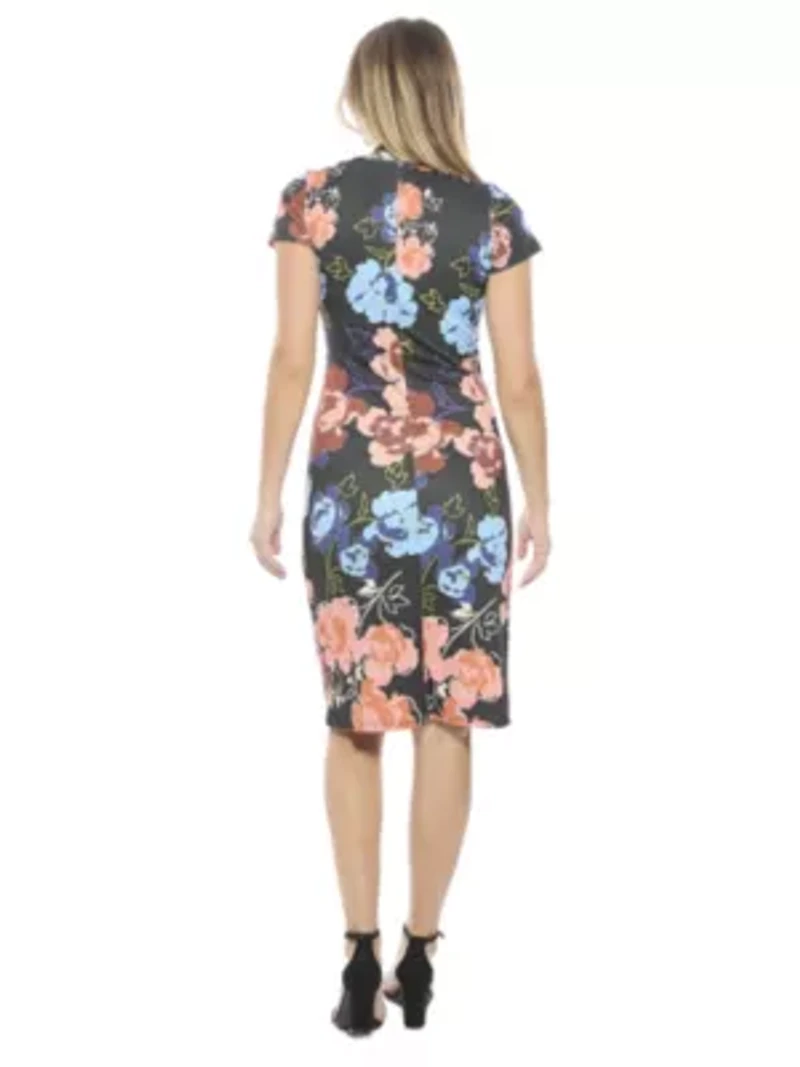 Womens Floral V Neck Short Sleeve Knee Length Faux Wrap Dress