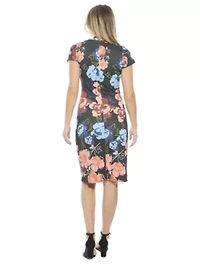 Womens Floral V Neck Short Sleeve Knee Length Faux Wrap Dress