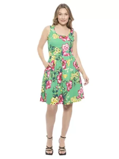 Womens Floral Sleeveless Pleated Pocket Skater Dress