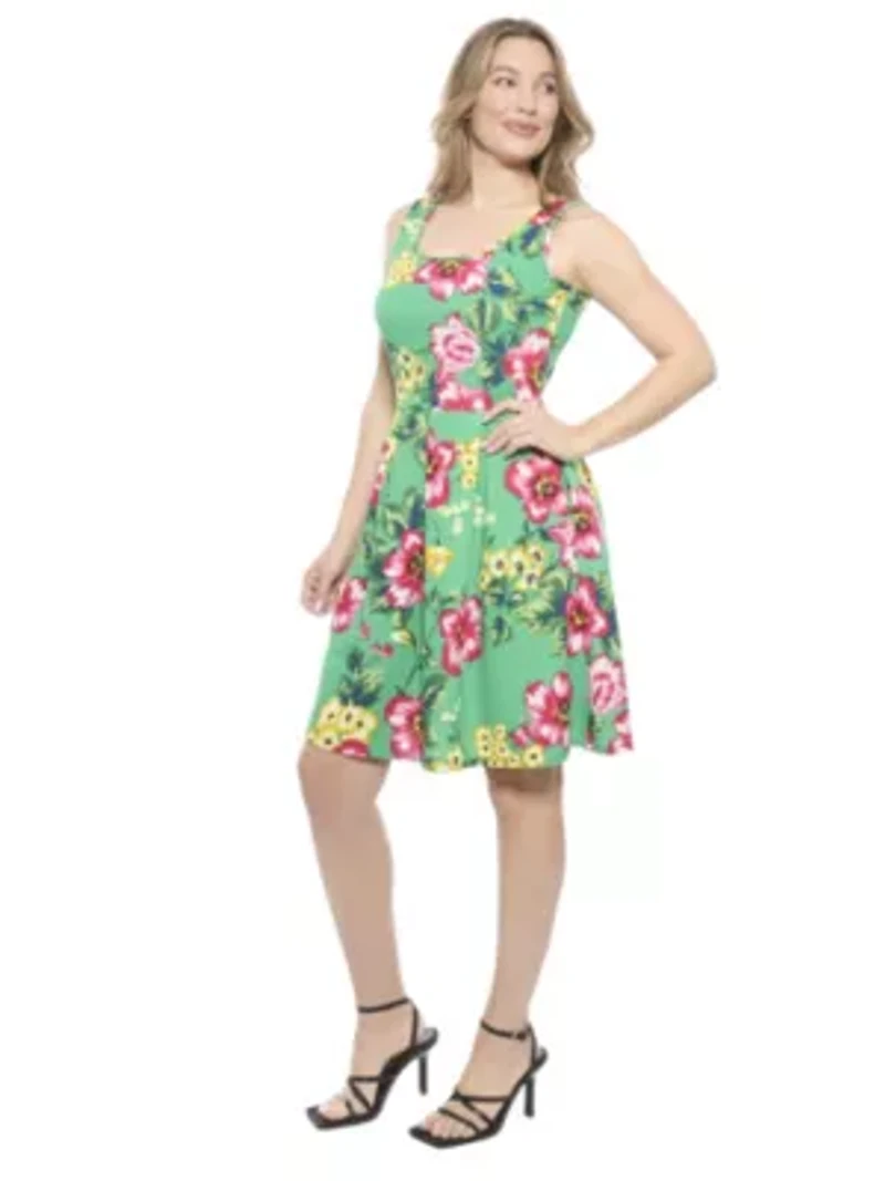 Womens Floral Sleeveless Pleated Pocket Skater Dress