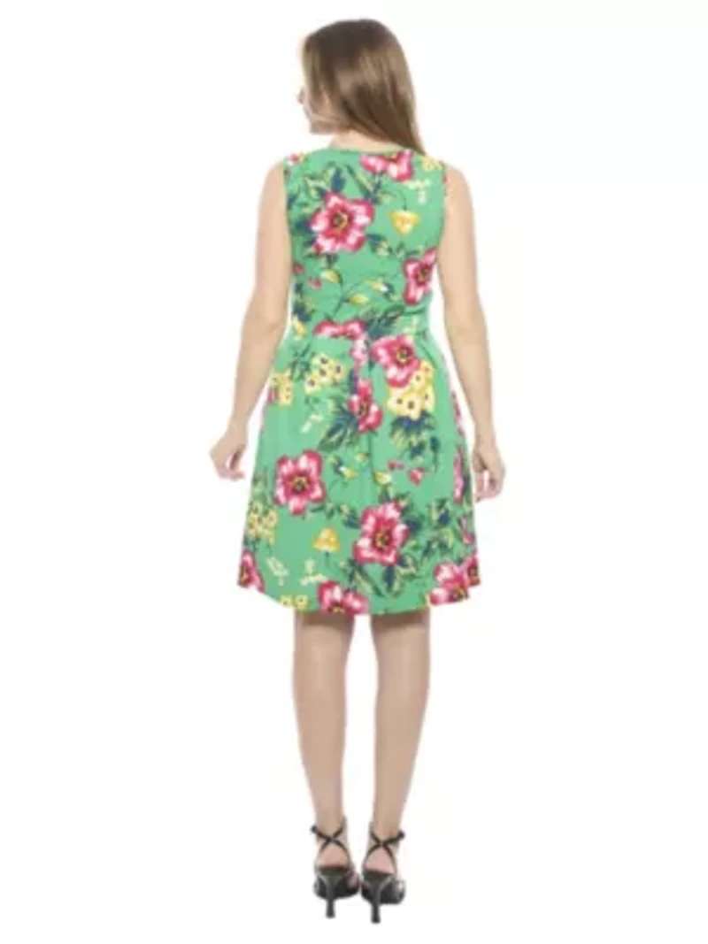 Womens Floral Sleeveless Pleated Pocket Skater Dress
