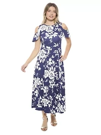 Womens Floral Ruffle Sleeve Cold Shoulder A Line Maxi Dress