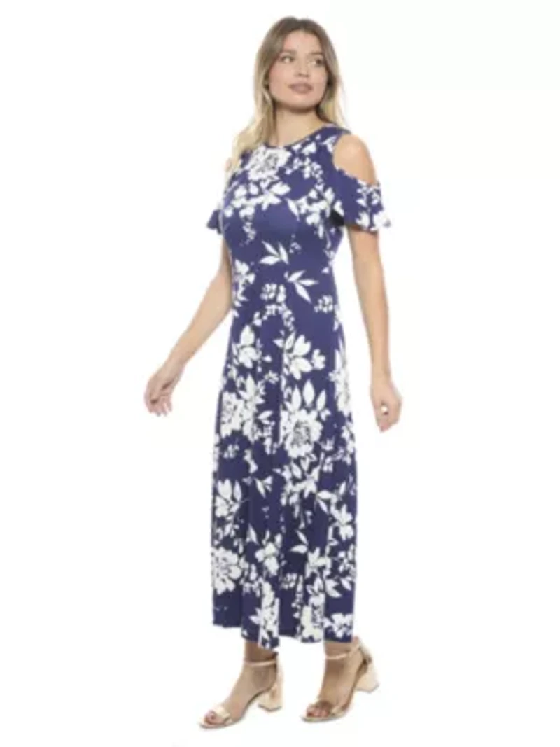 Womens Floral Ruffle Sleeve Cold Shoulder A Line Maxi Dress