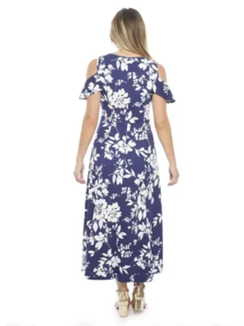 Womens Floral Ruffle Sleeve Cold Shoulder A Line Maxi Dress
