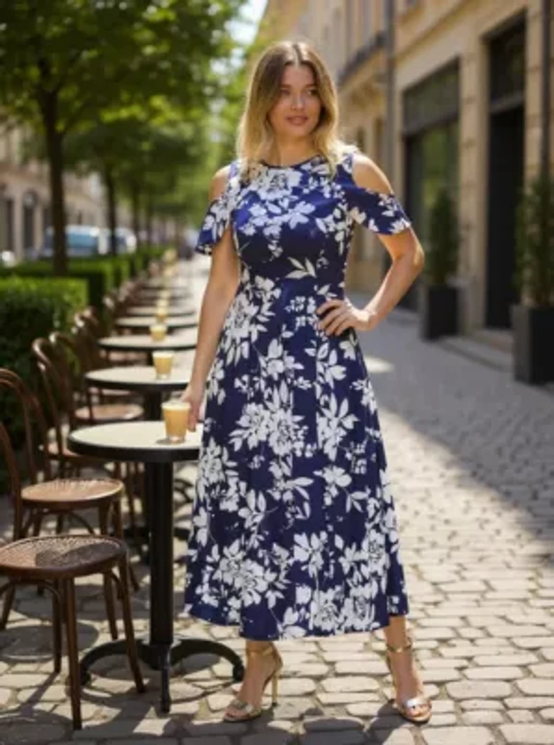 Womens Floral Ruffle Sleeve Cold Shoulder A Line Maxi Dress