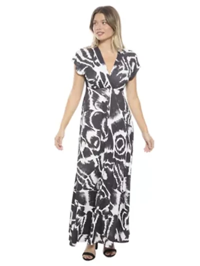 Womens Abstract V Neck Empire Waist Cap Sleeve Maxi Dress