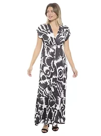 Womens Abstract V Neck Empire Waist Cap Sleeve Maxi Dress