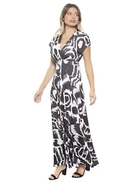 Womens Abstract V Neck Empire Waist Cap Sleeve Maxi Dress