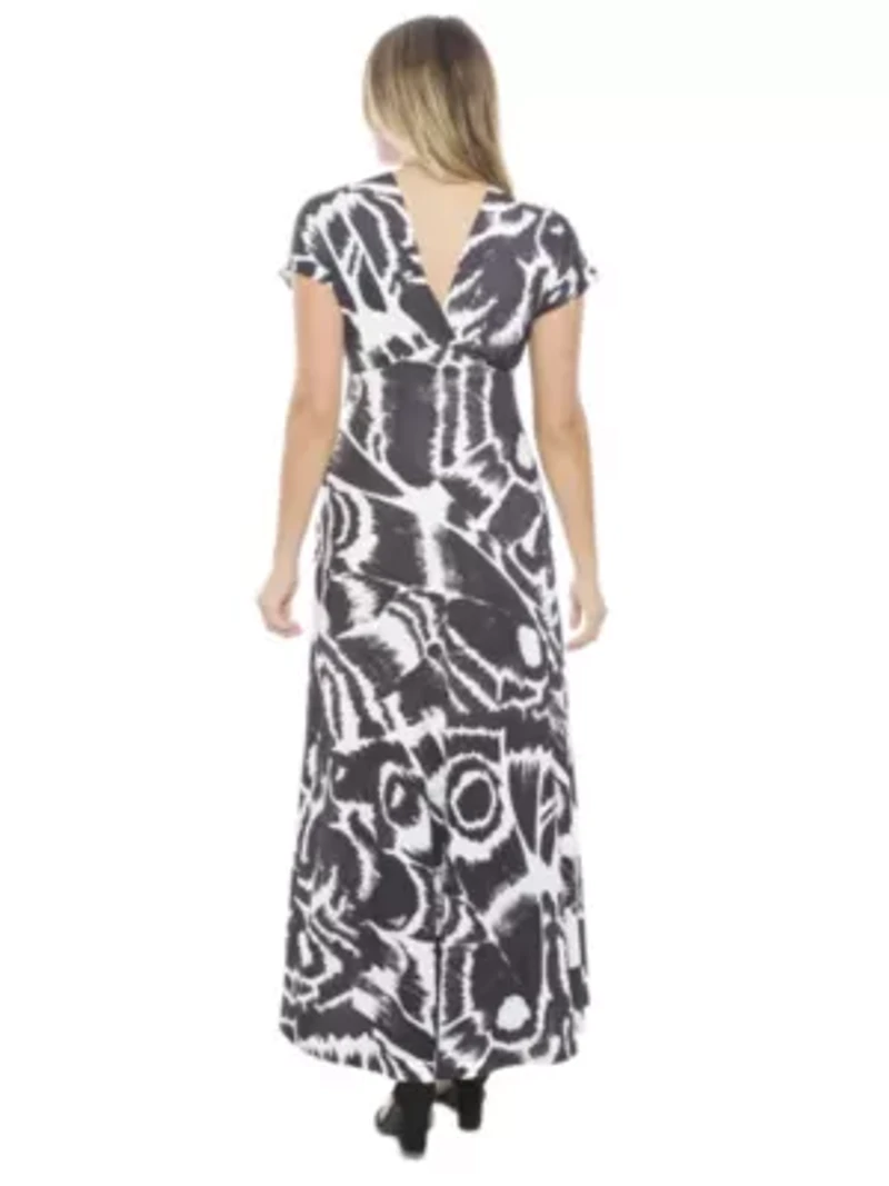 Womens Abstract V Neck Empire Waist Cap Sleeve Maxi Dress