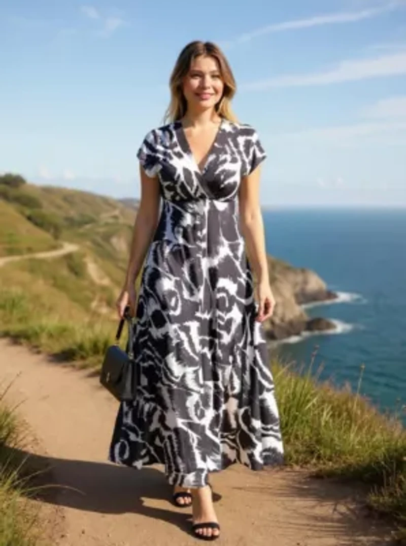 Womens Abstract V Neck Empire Waist Cap Sleeve Maxi Dress