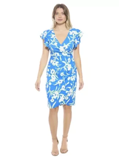 Womens Floral Flutter Sleeve Faux Wrap Knee Length Dress