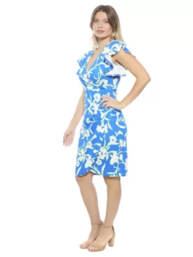 Womens Floral Flutter Sleeve Faux Wrap Knee Length Dress