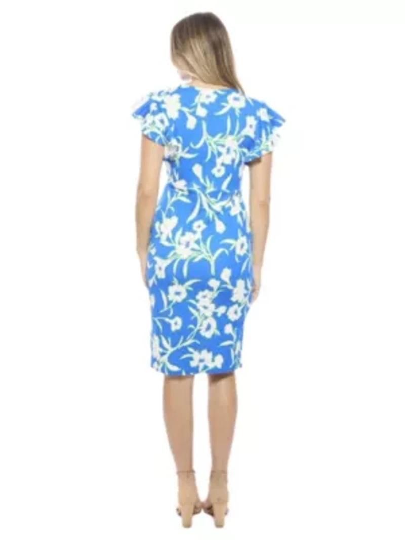 Womens Floral Flutter Sleeve Faux Wrap Knee Length Dress
