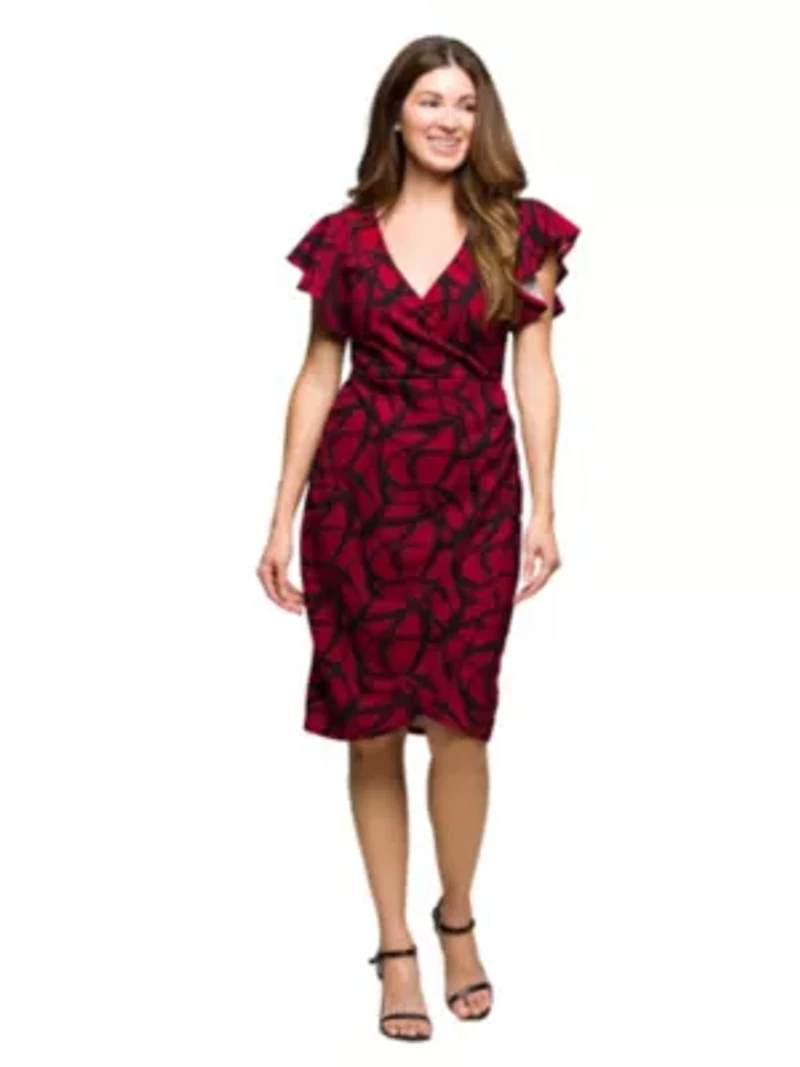 Womens Burgundy Print Flutter Sleeve Faux Wrap Dress