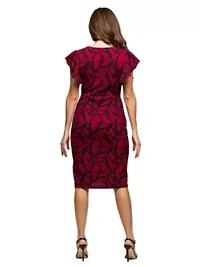 Womens Burgundy Print Flutter Sleeve Faux Wrap Dress