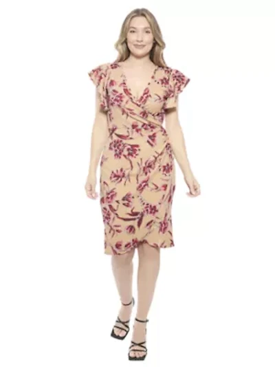 Womens Floral Flutter Sleeve Faux Wrap Knee Length Dress