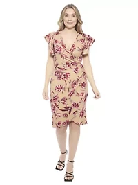 Womens Floral Flutter Sleeve Faux Wrap Knee Length Dress