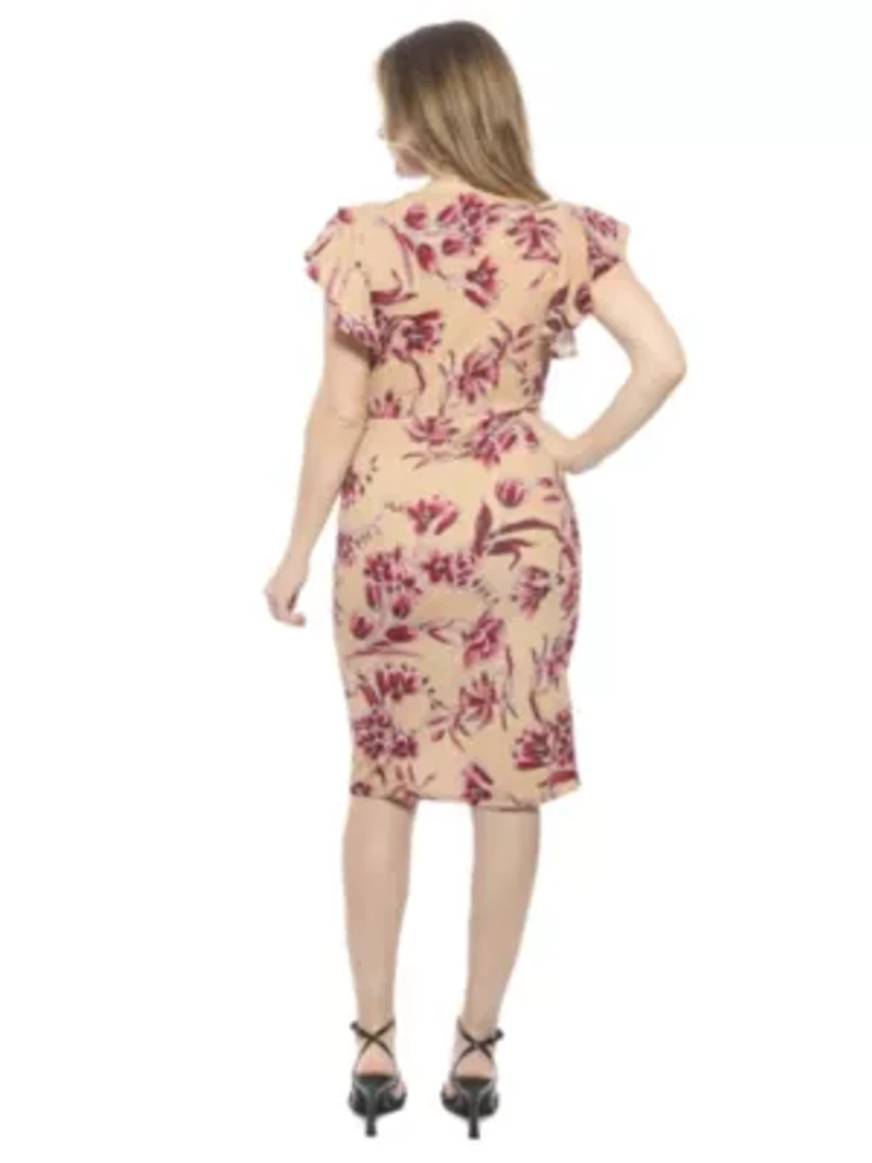 Womens Floral Flutter Sleeve Faux Wrap Knee Length Dress