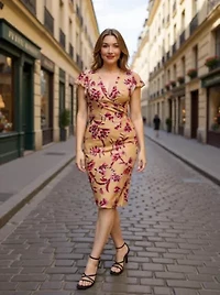 Womens Floral Flutter Sleeve Faux Wrap Knee Length Dress